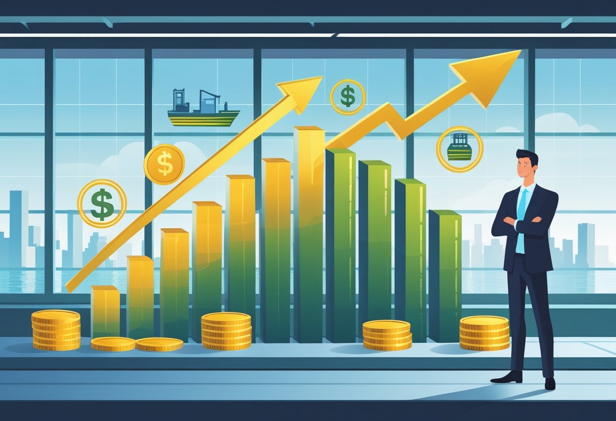 A businessperson stands next to a rising financial graph made of gold bars and coins, with icons of shipping containers and cargo ships in the background, inside a modern office overlooking a city skyline.