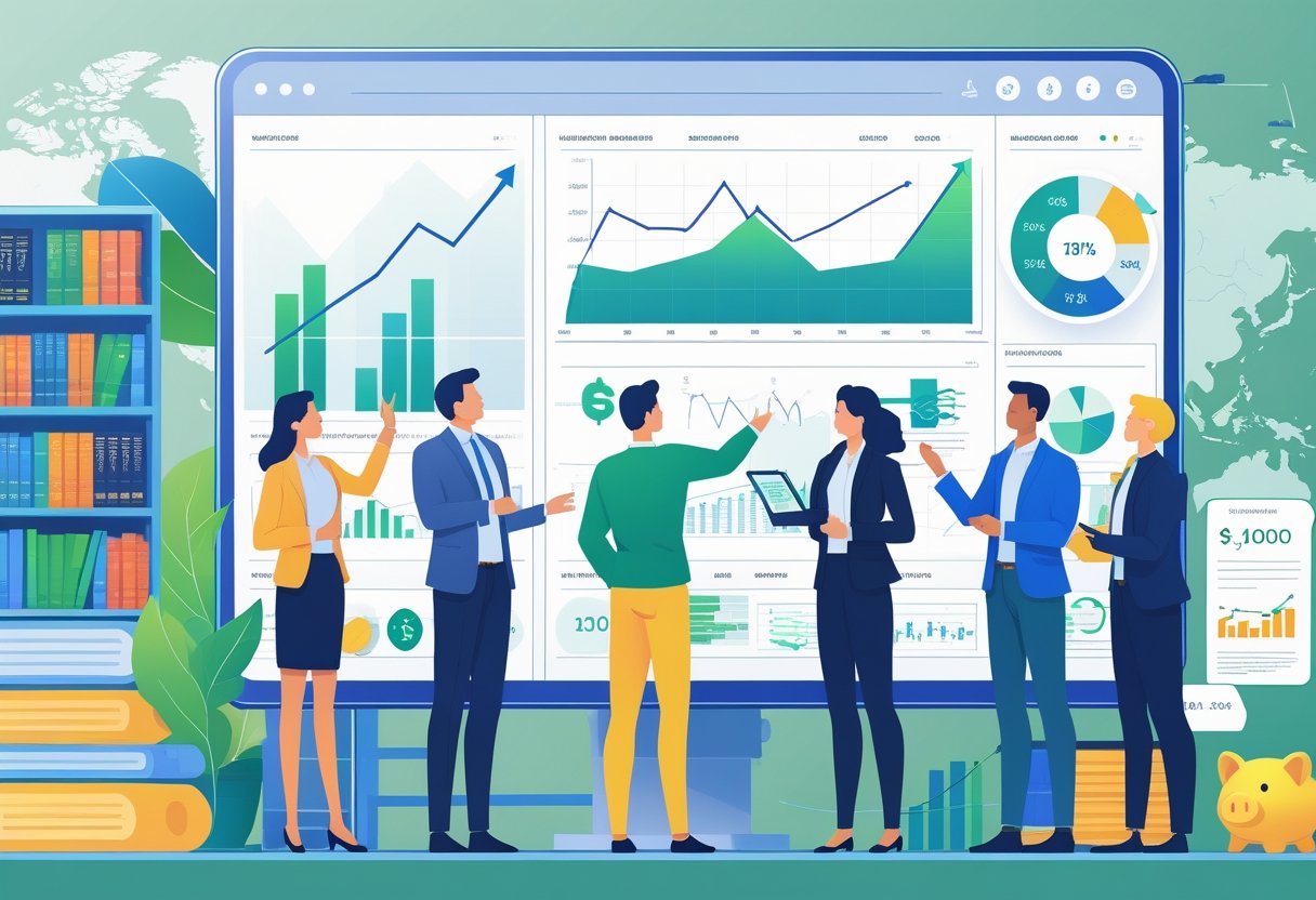 A group of people examining financial charts and investment icons on a large digital screen in a modern office setting.