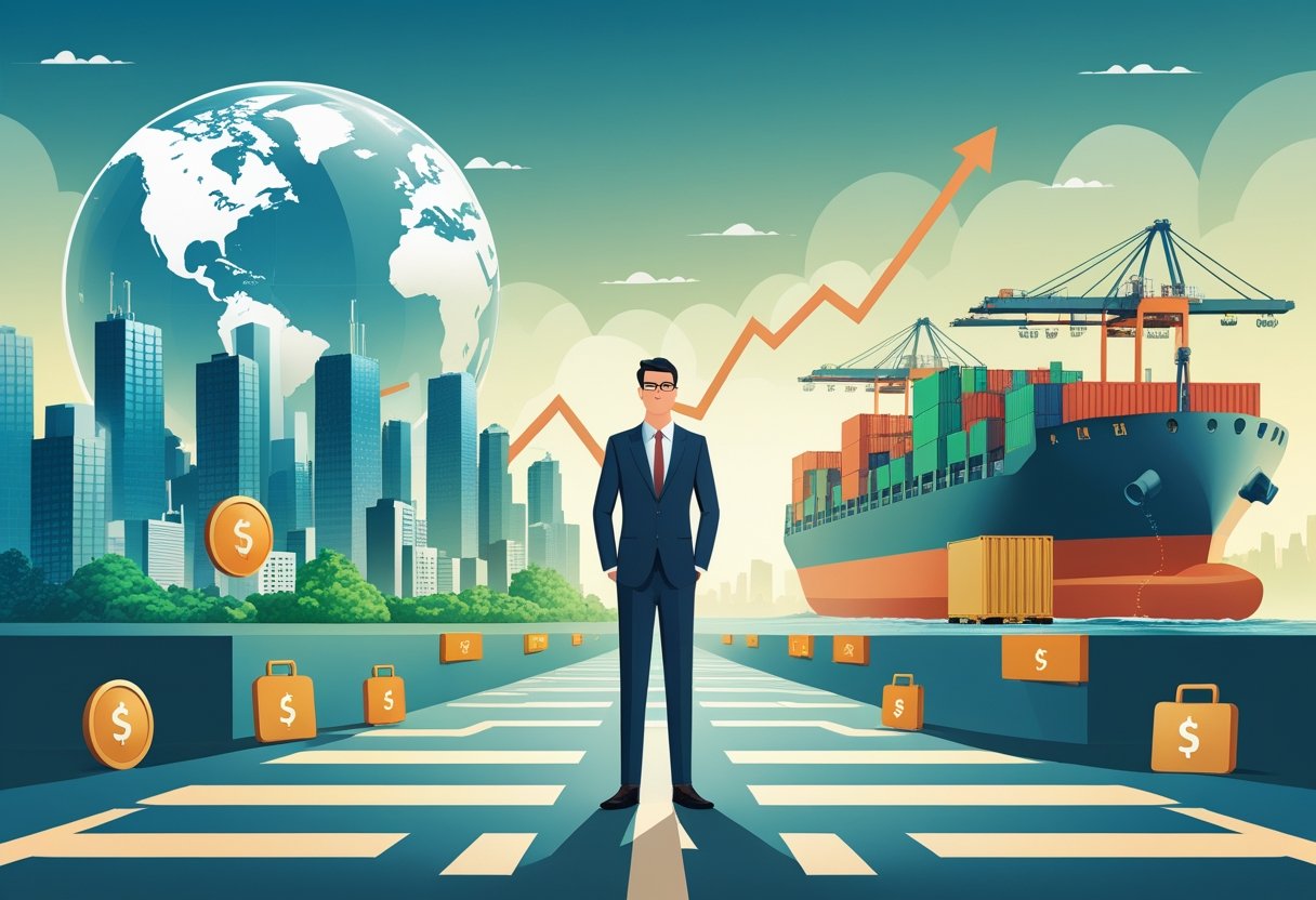 A businessperson stands at a crossroads with one path leading to a growing city and the other showing cargo ships and shipping containers, symbolizing investment choices affected by tariffs.