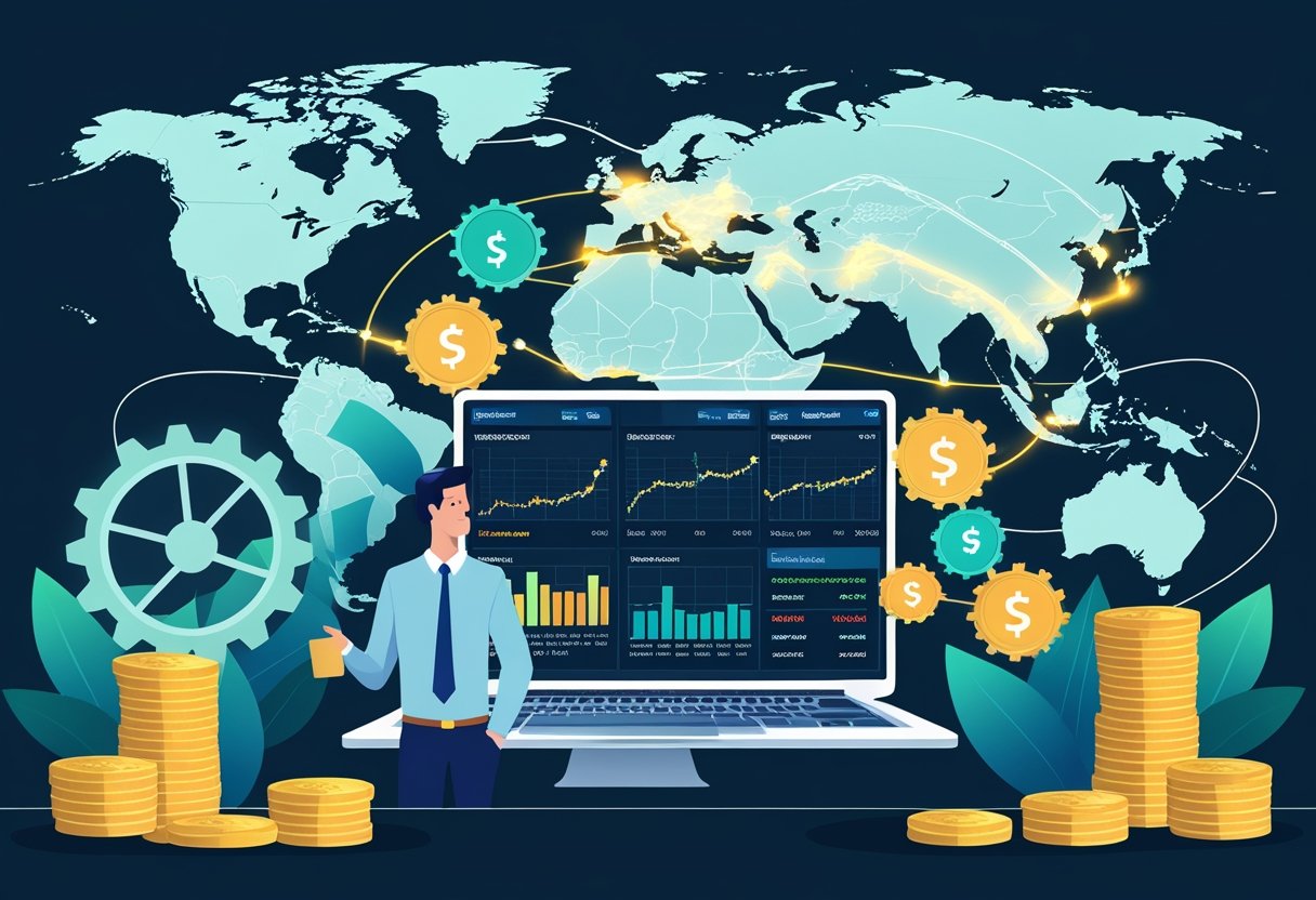 An investor analyzing financial charts and global trade routes, surrounded by symbols of diversified assets and economic mechanisms.