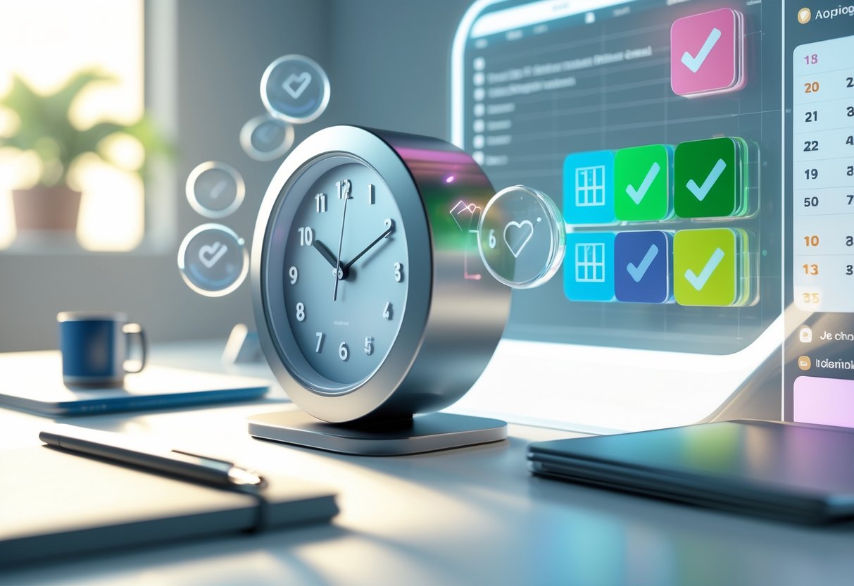 A 3D scene showing a digital clock, floating icons representing approved tasks, a transparent calendar with color-coded schedules, and a holographic interface indicating secured tasks in a clean, organized workspace.