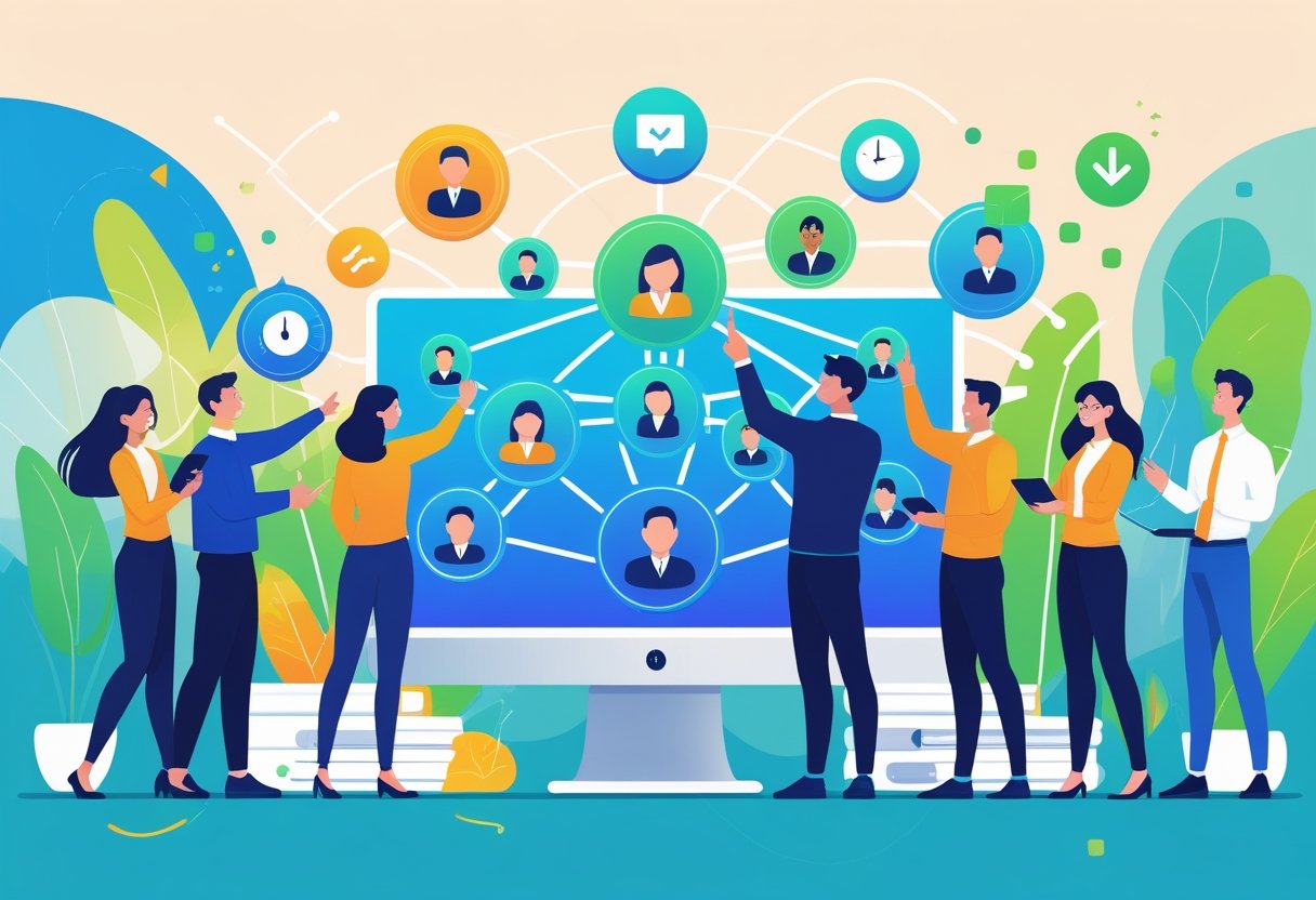 A group of diverse professionals gathered around a computer displaying a network of connected user icons, symbolizing teamwork and efficient referrals.