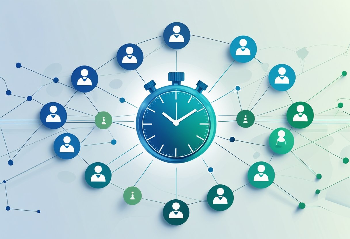 An illustration of a glowing stopwatch surrounded by connected user icons representing a fast and efficient referral network.