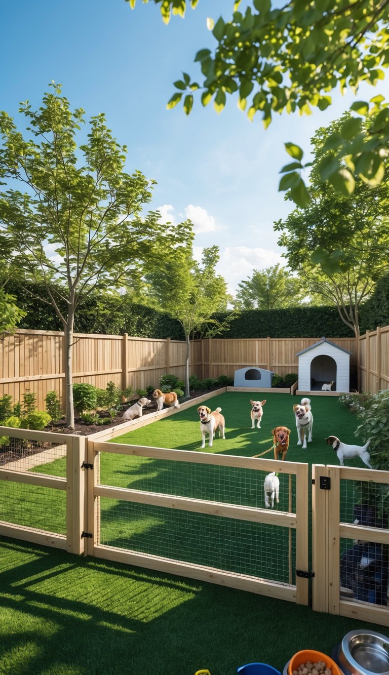 A fenced backyard with several dogs playing on the grass surrounded by trees and dog-friendly features.
