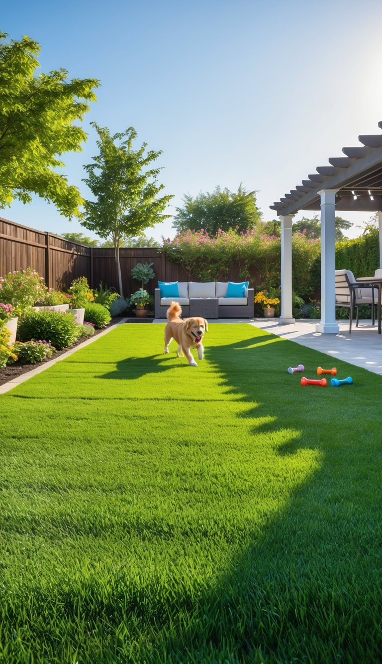 A backyard with thick green Bermuda grass, a happy dog playing on the lawn, outdoor seating, and garden plants.