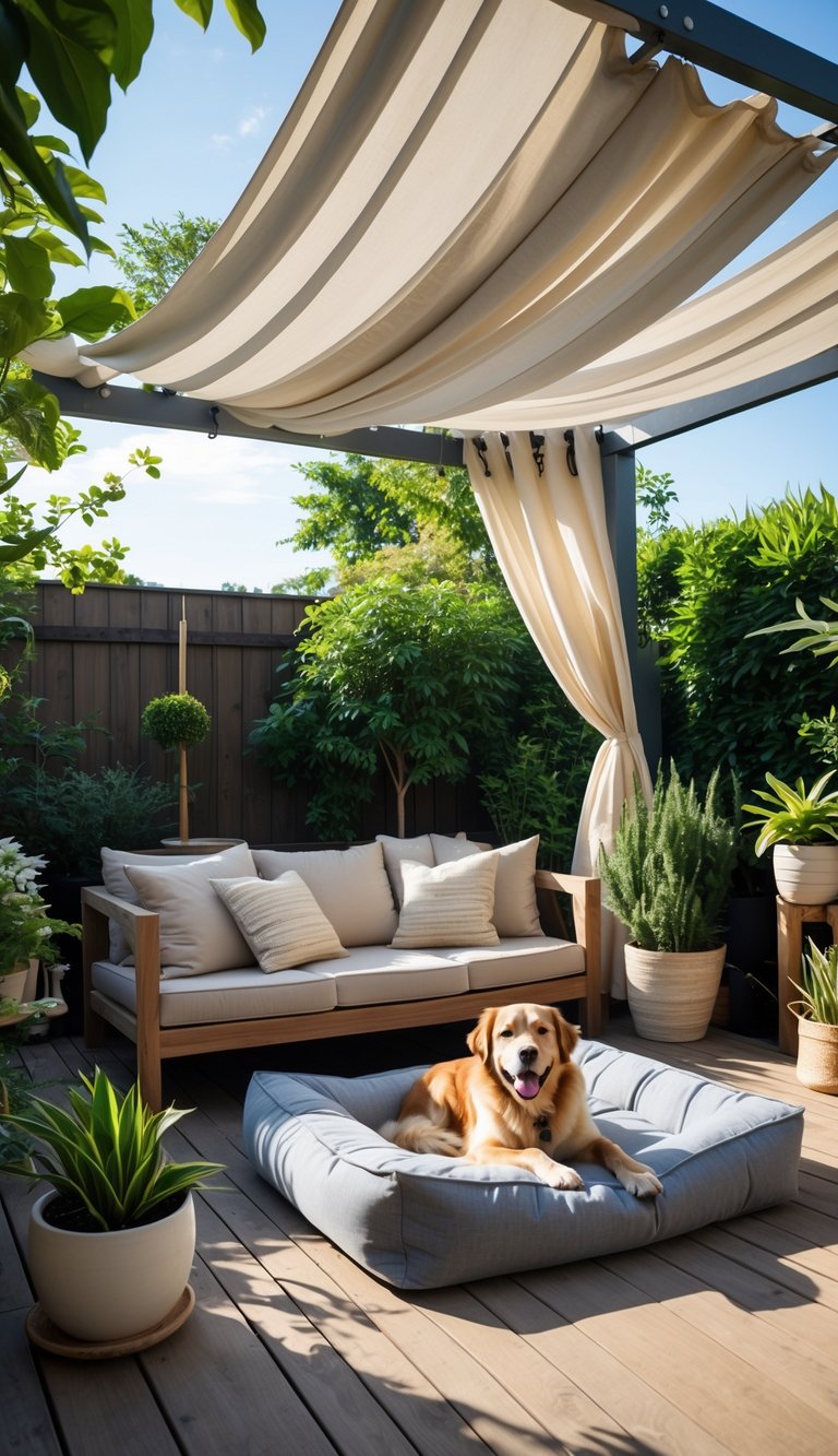 A shaded backyard seating area with a canopy, cushioned outdoor furniture, plants, and a dog lying on a dog bed nearby.