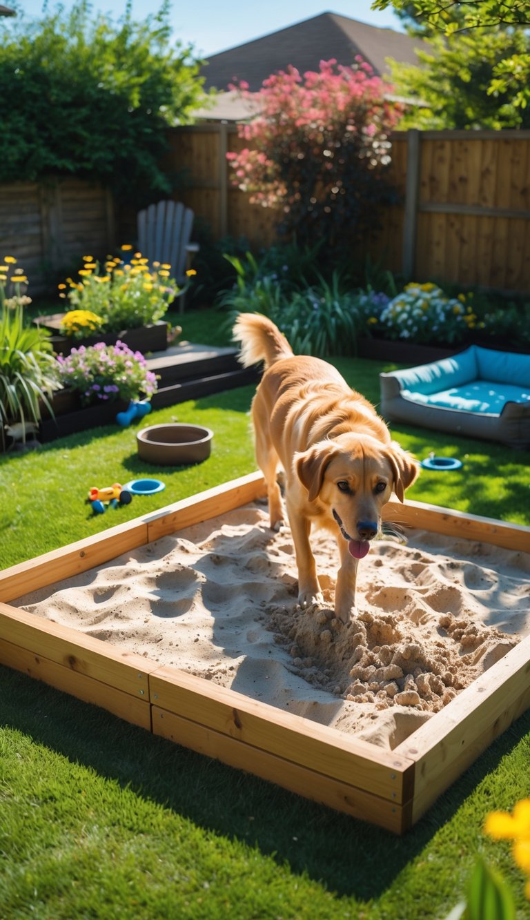 A happy dog digging in a sandbox in a green backyard with flowers and dog toys nearby.