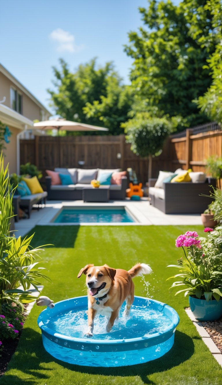 A sunny backyard with a splash pool where a dog is playing, surrounded by plants, outdoor furniture, and dog-friendly features.