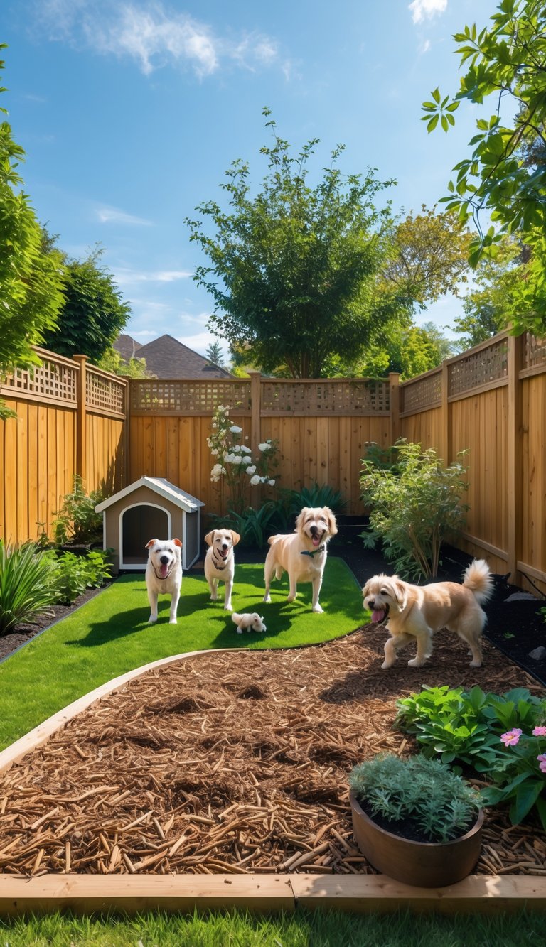 A sunny backyard with green grass and dog-safe mulch where dogs are playing and resting safely.