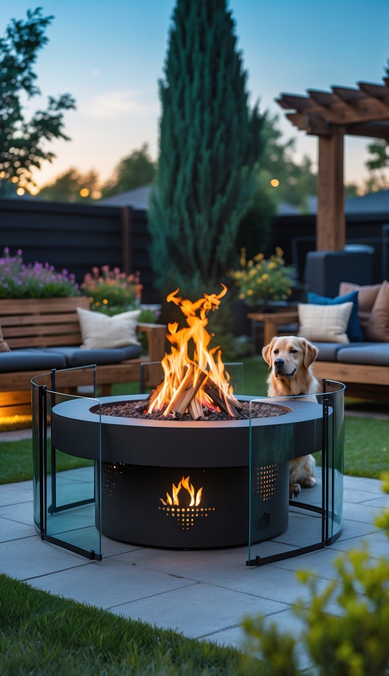 A backyard with a fire pit surrounded by protective barriers and a dog sitting nearby on green grass.