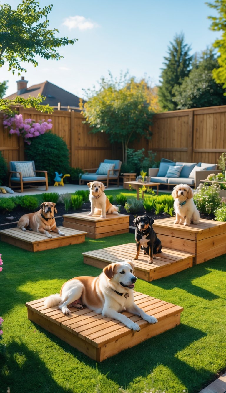 A backyard with elevated wooden platforms where several dogs rest and observe the area surrounded by grass and plants.