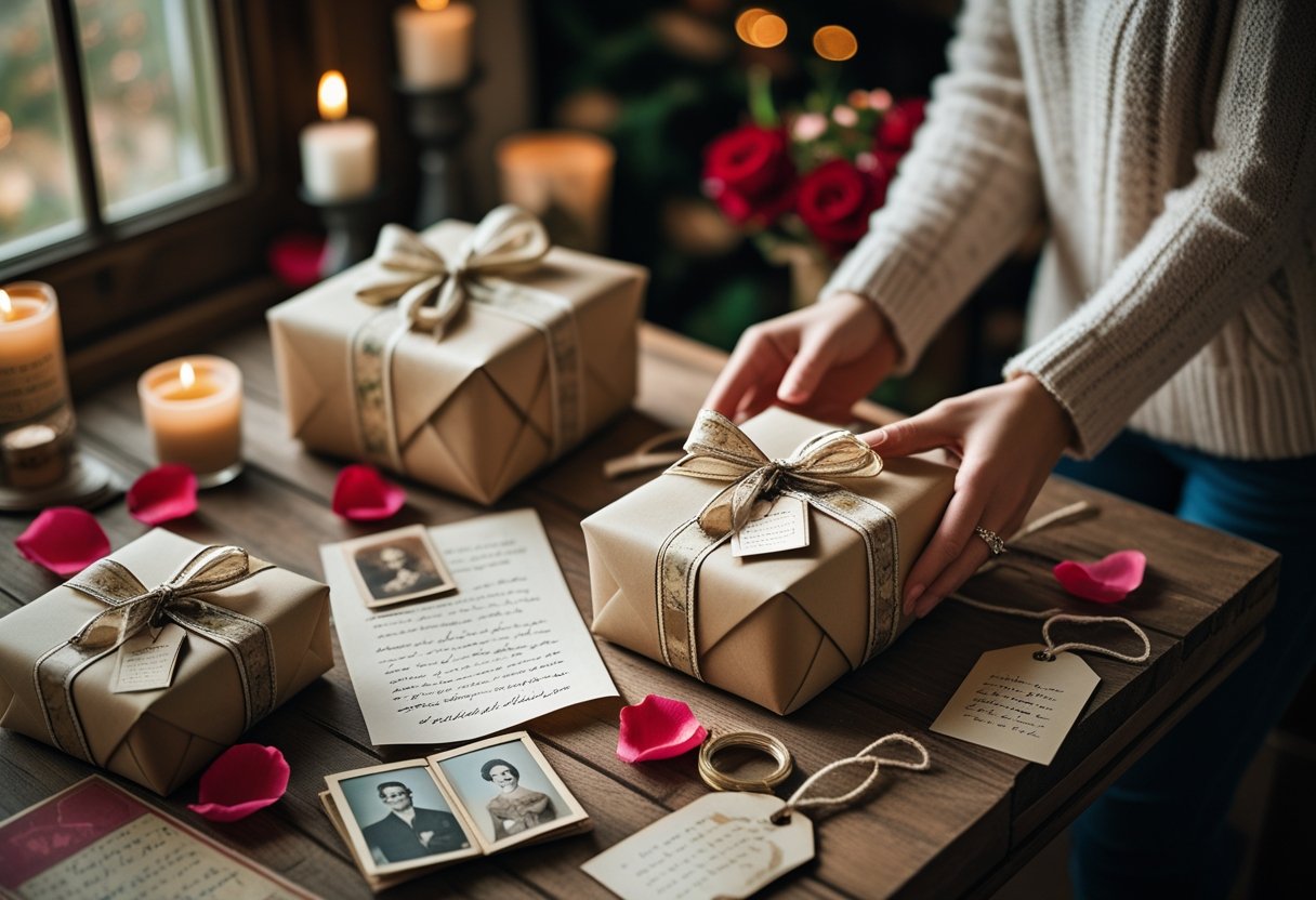 Um casal trocando presentes embrulhados no estilo vintage em uma mesa de madeira com fotos antigas e cartas de amor, cercados por pétalas de rosa e velas.