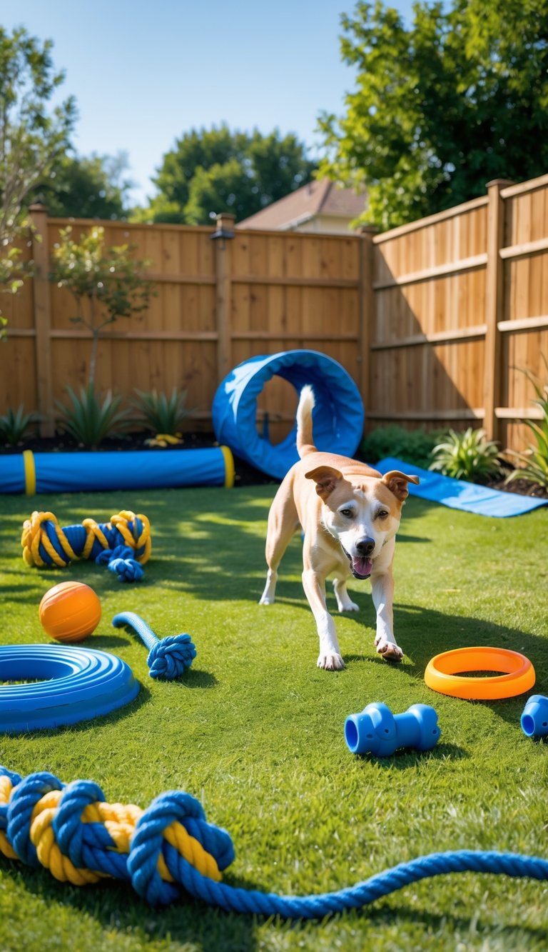 A sunny backyard with durable dog toys and a dog playing among them.