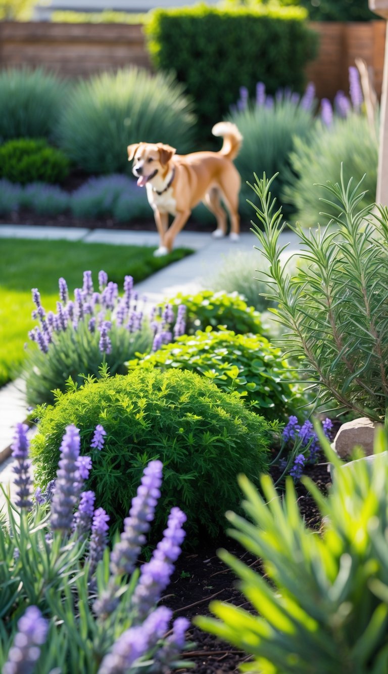 A backyard garden with lavender and rosemary shrubs and a dog playing on the grass.