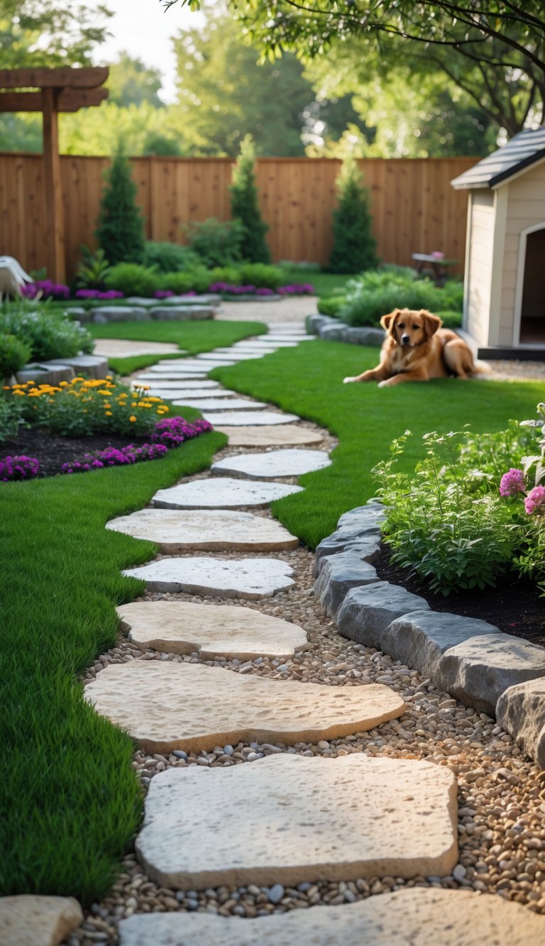 A backyard with gravel and flagstone walking paths surrounded by green grass, flowers, shrubs, a dog house, and a dog resting near the path.