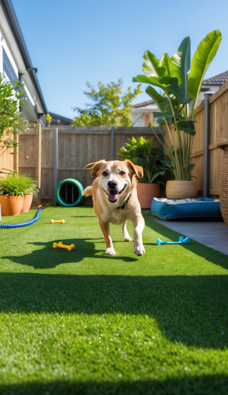 A sunny backyard with artificial grass and a happy dog playing near dog toys and a shaded dog bed.