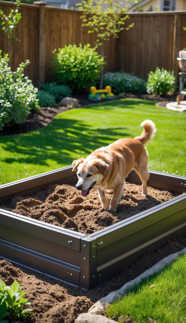 A backyard with a dog digging in a large box filled with soft soil or sand surrounded by grass and plants.