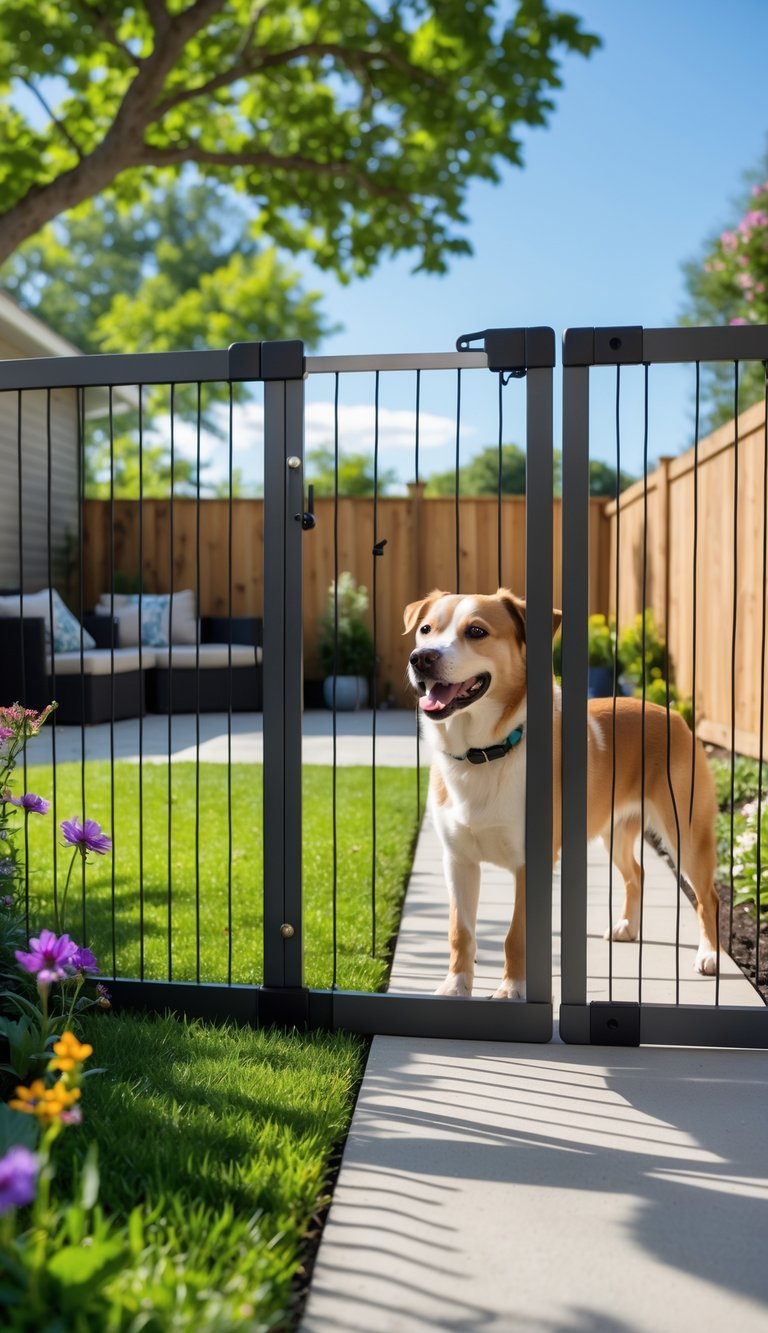 A backyard with a pet gate separating two areas, a dog standing on one side, and outdoor furniture on the other.