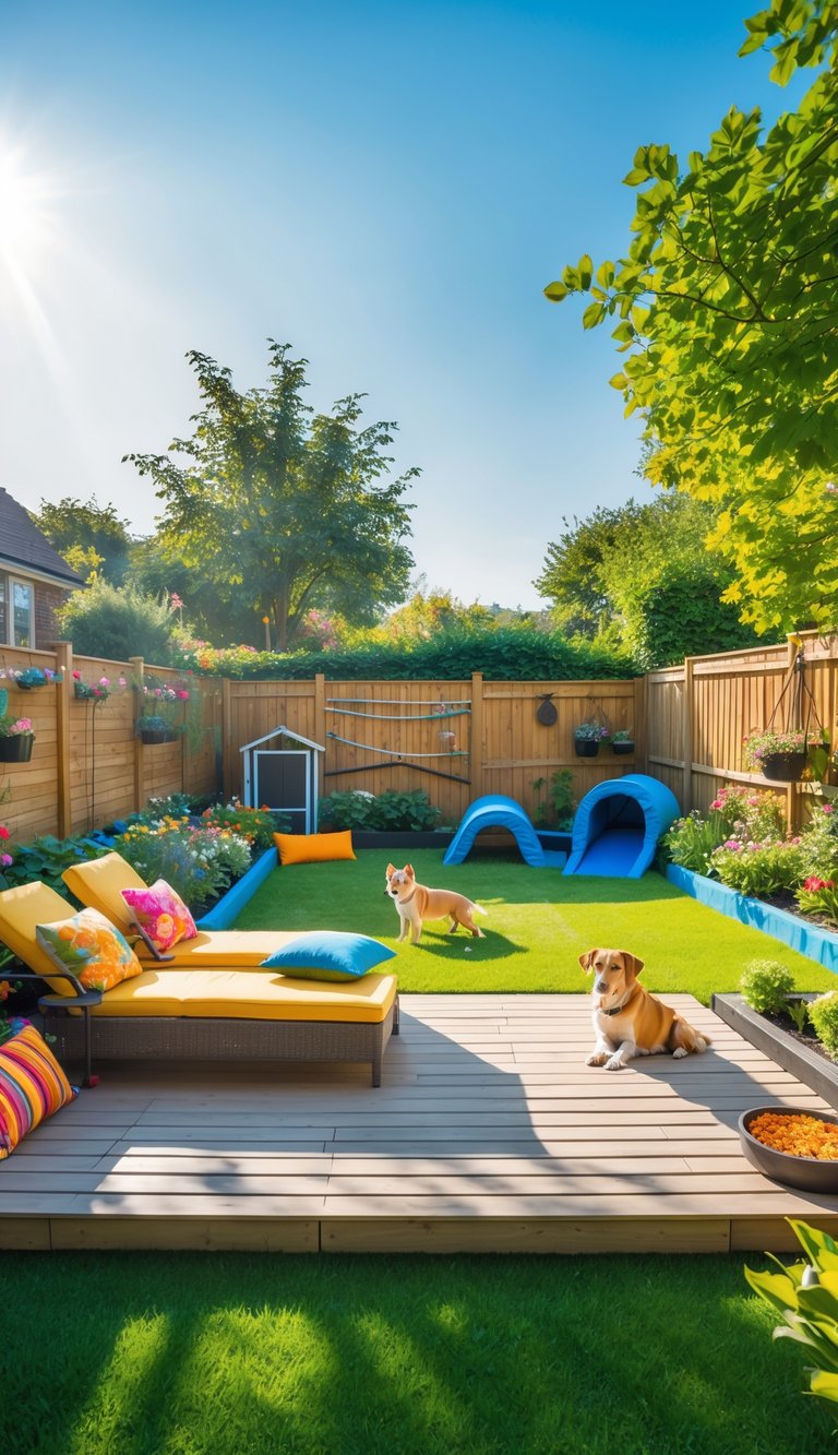 Sunny backyard with lounge chairs for sunbathing, green lawn, flower beds, and two dogs playing near dog-friendly features like a doghouse and agility course.
