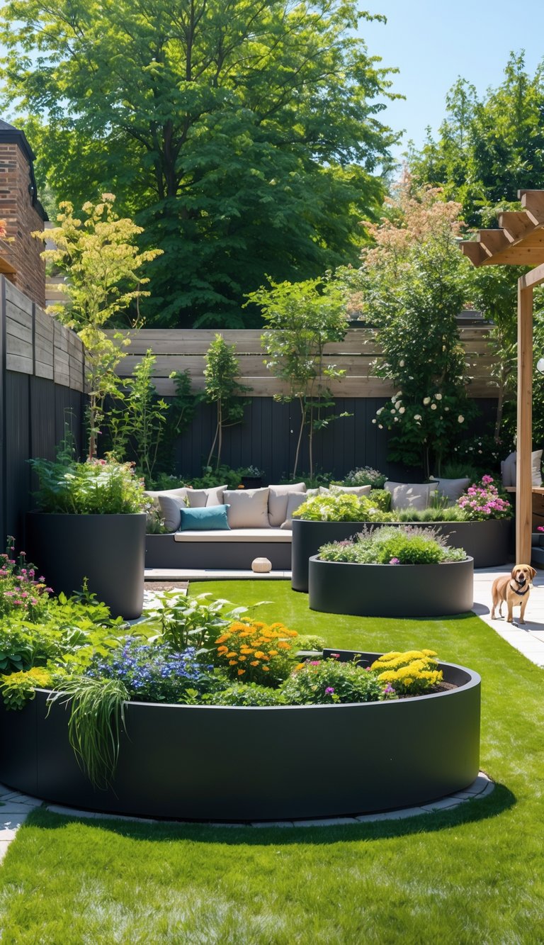 A backyard with large planters creating visual barriers, green plants, a seating area, and a dog enjoying the space.