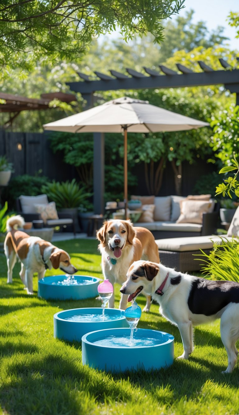 A backyard with shaded water stations and dogs drinking and playing on the grass.