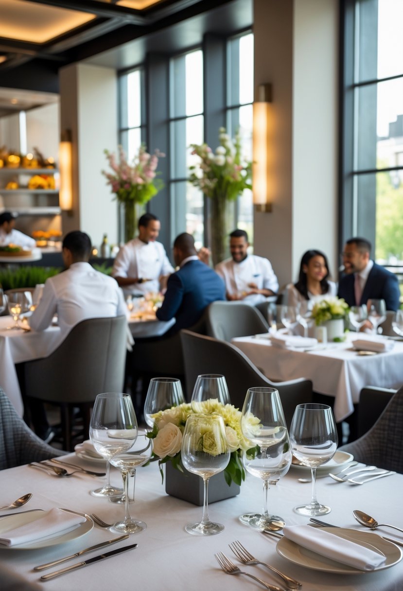 Elegant restaurant interior in Washington with diners enjoying meals and chefs working in an open kitchen.