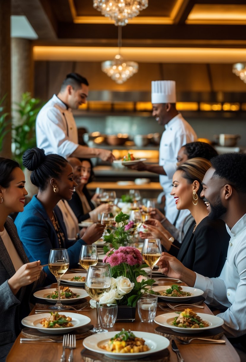 Diners enjoying meals in a stylish Washington restaurant with a chef preparing food in the background.