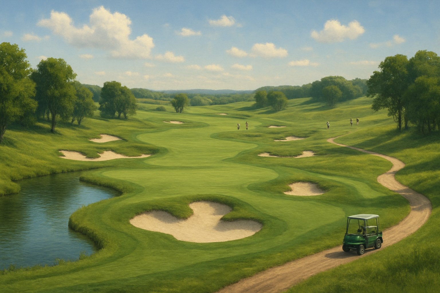 A wide view of a golf course with green fairways, sand bunkers, trees, a water hazard, and golfers playing.