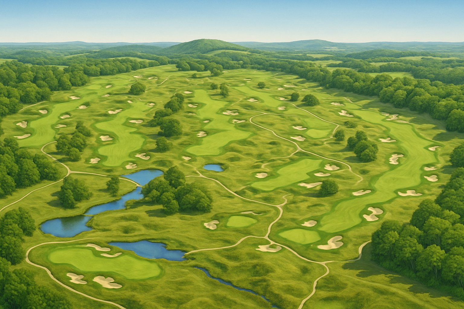 Aerial view of a golf course with green fairways, sand bunkers, water hazards, trees, and rolling hills.