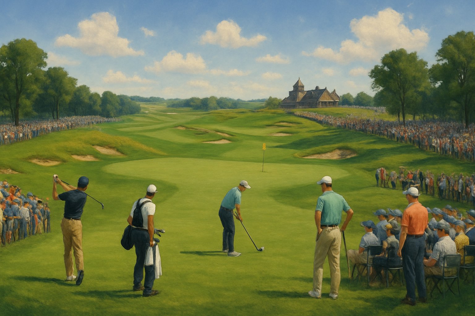 A golf course with players and spectators during a major tournament, featuring green hills, trees, and a clubhouse in the background.