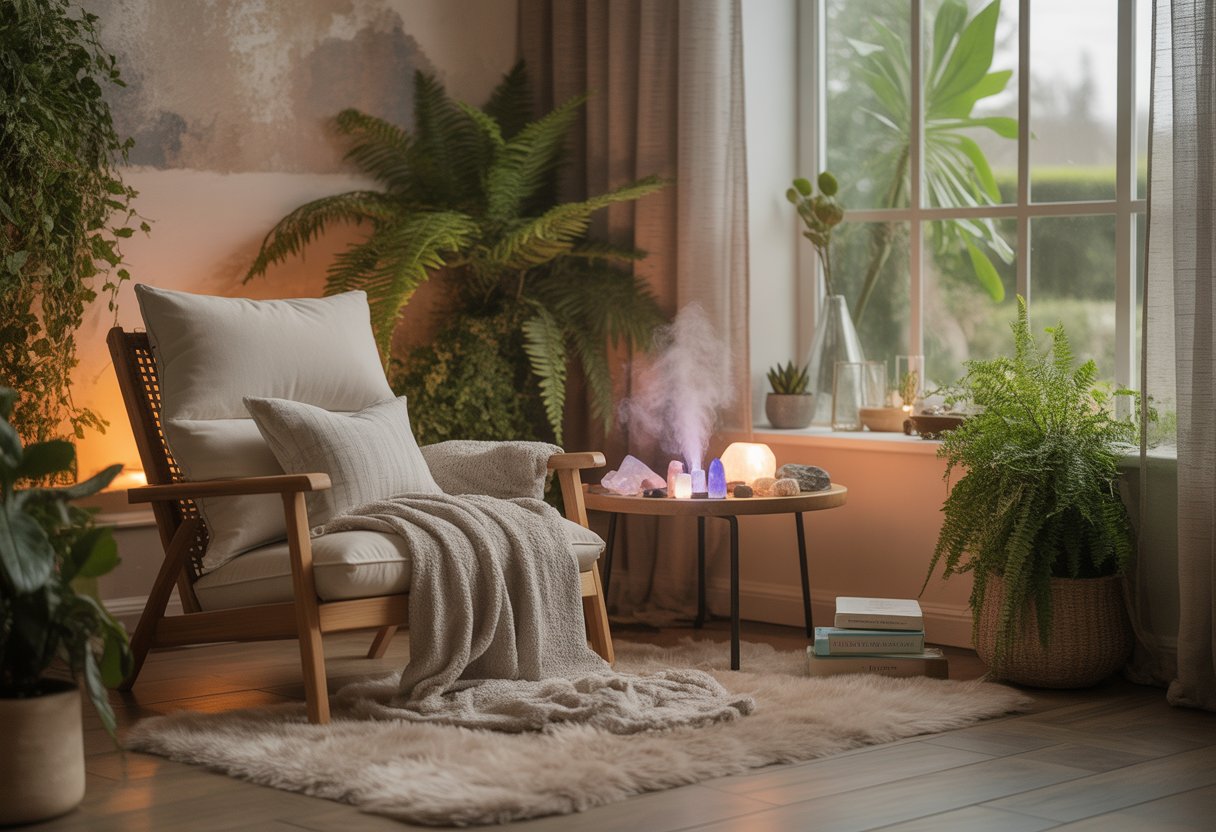 A peaceful healing room with a comfortable chair, green plants, healing crystals, essential oil diffuser, and soft natural light.