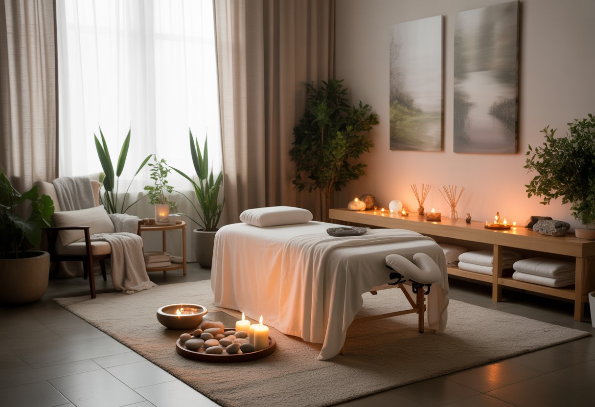 A peaceful healing room with a massage table, plants, candles, and calming decor.