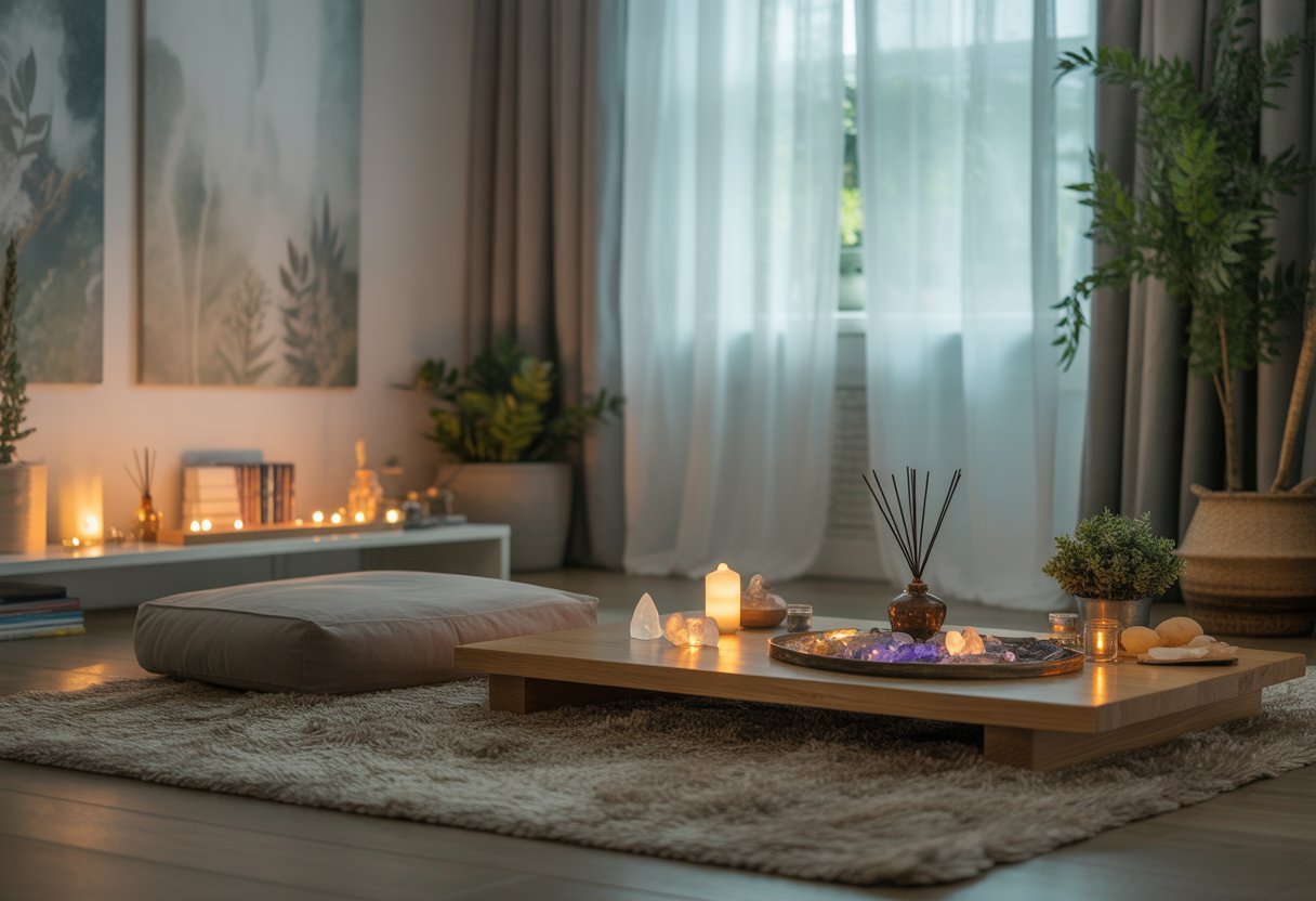 A peaceful meditation room with a floor cushion, wooden table with crystals and plants, soft natural light, and calming decor.