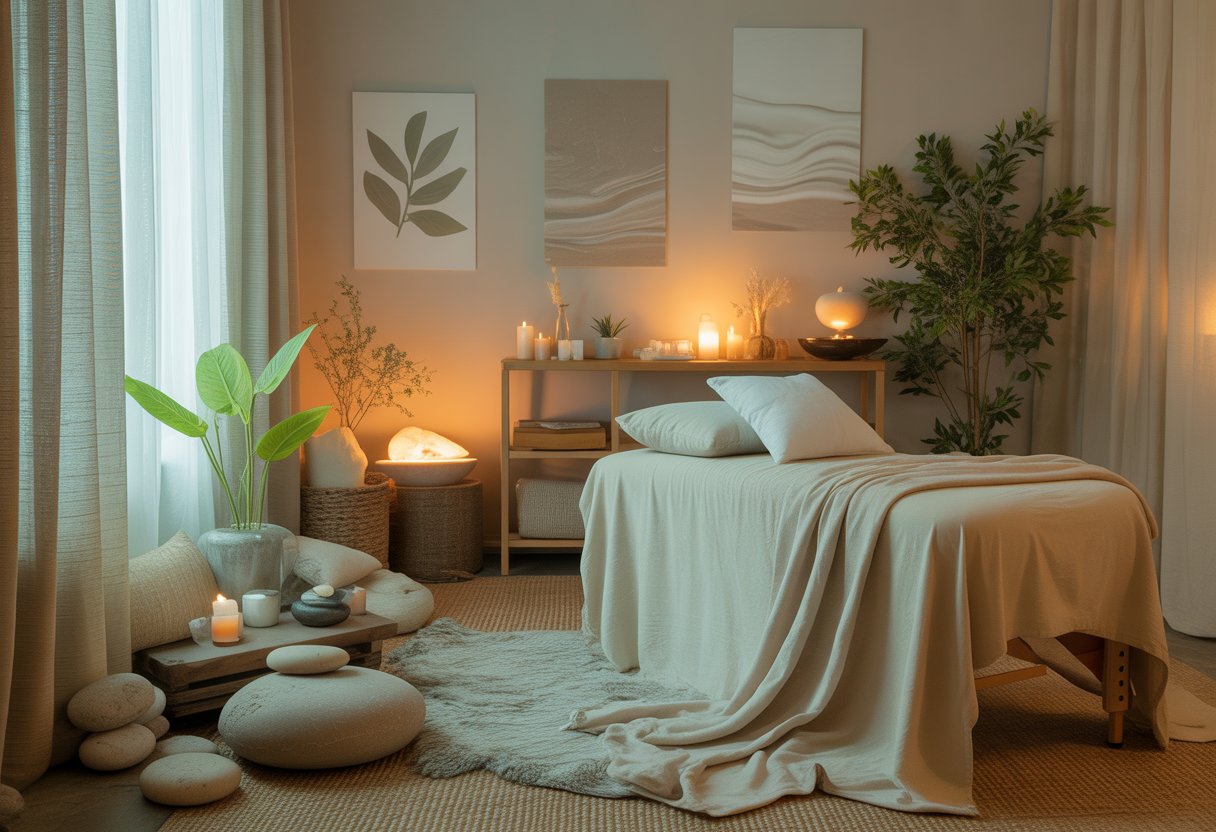 A peaceful healing room with a massage table, plants, candles, and natural decor creating a calm and relaxing atmosphere.
