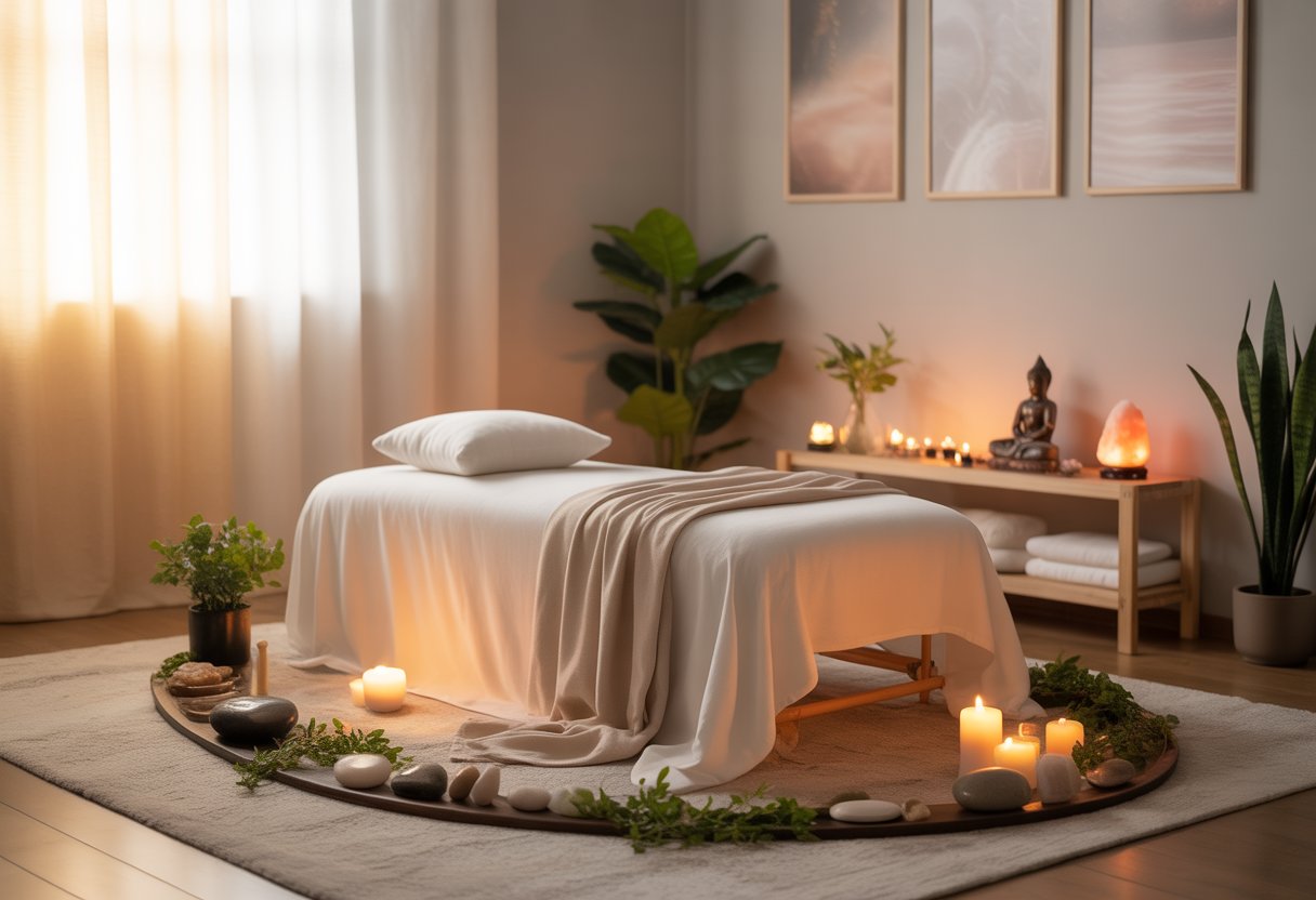 A calming healing room with a massage table, soft linens, plants, candles, crystals, and natural light creating a peaceful atmosphere.