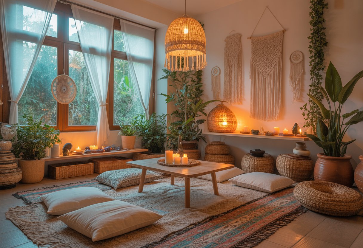 A peaceful room with natural light, plants, cushions, rugs, and soft lighting, arranged for relaxation and healing.