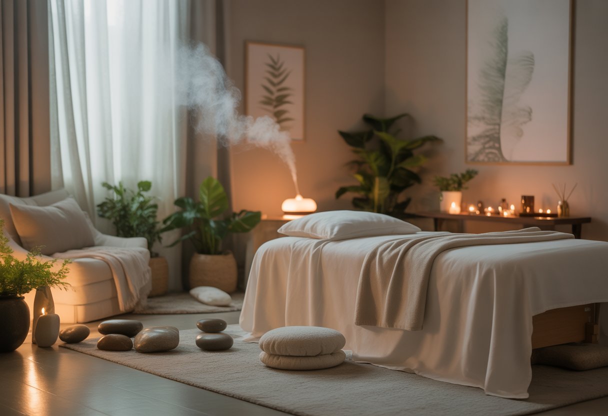 A peaceful healing room with a massage table, plants, candles, and soft natural light creating a calming atmosphere.