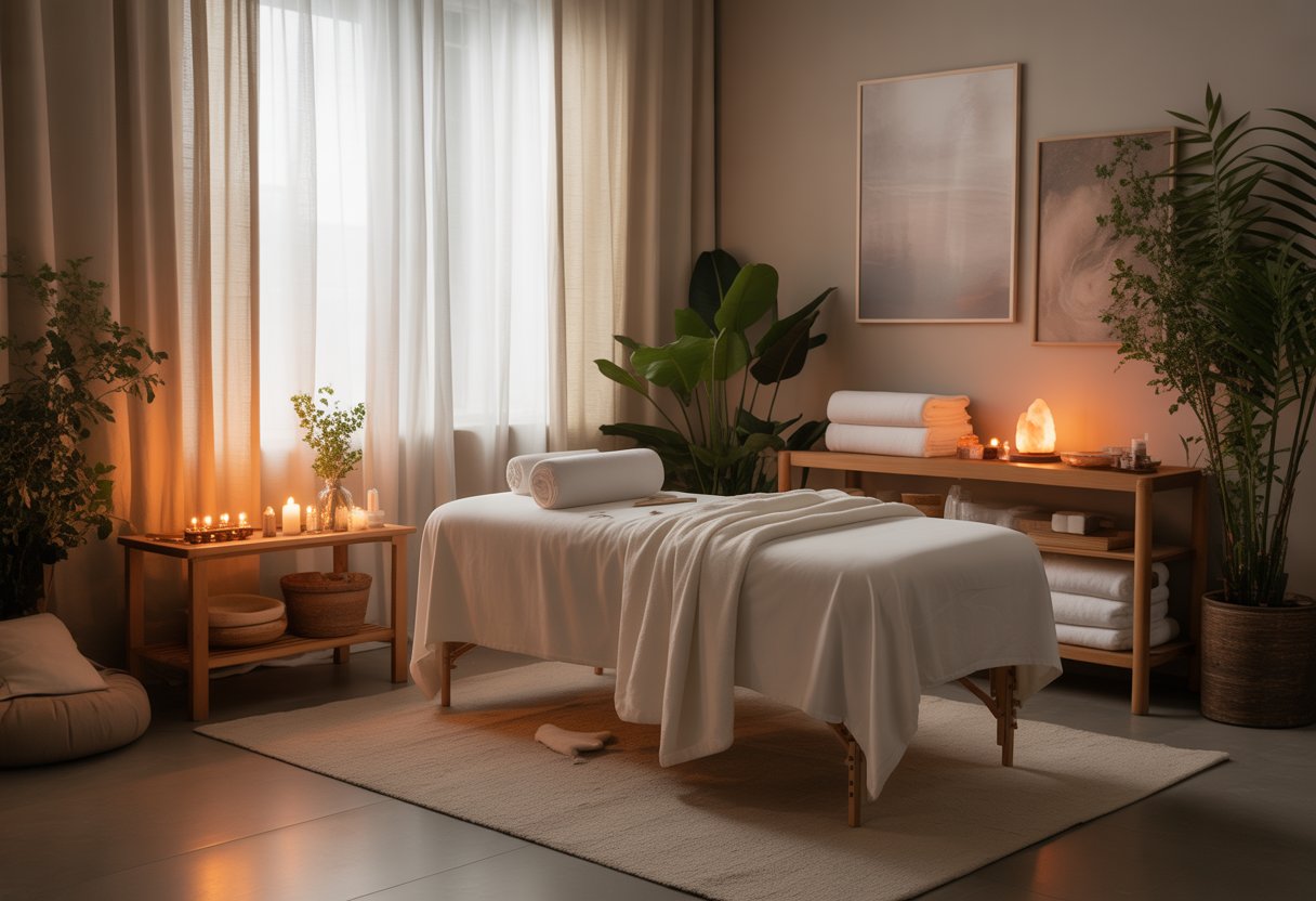 A peaceful healing room with a massage table, plants, candles, and soft natural light.