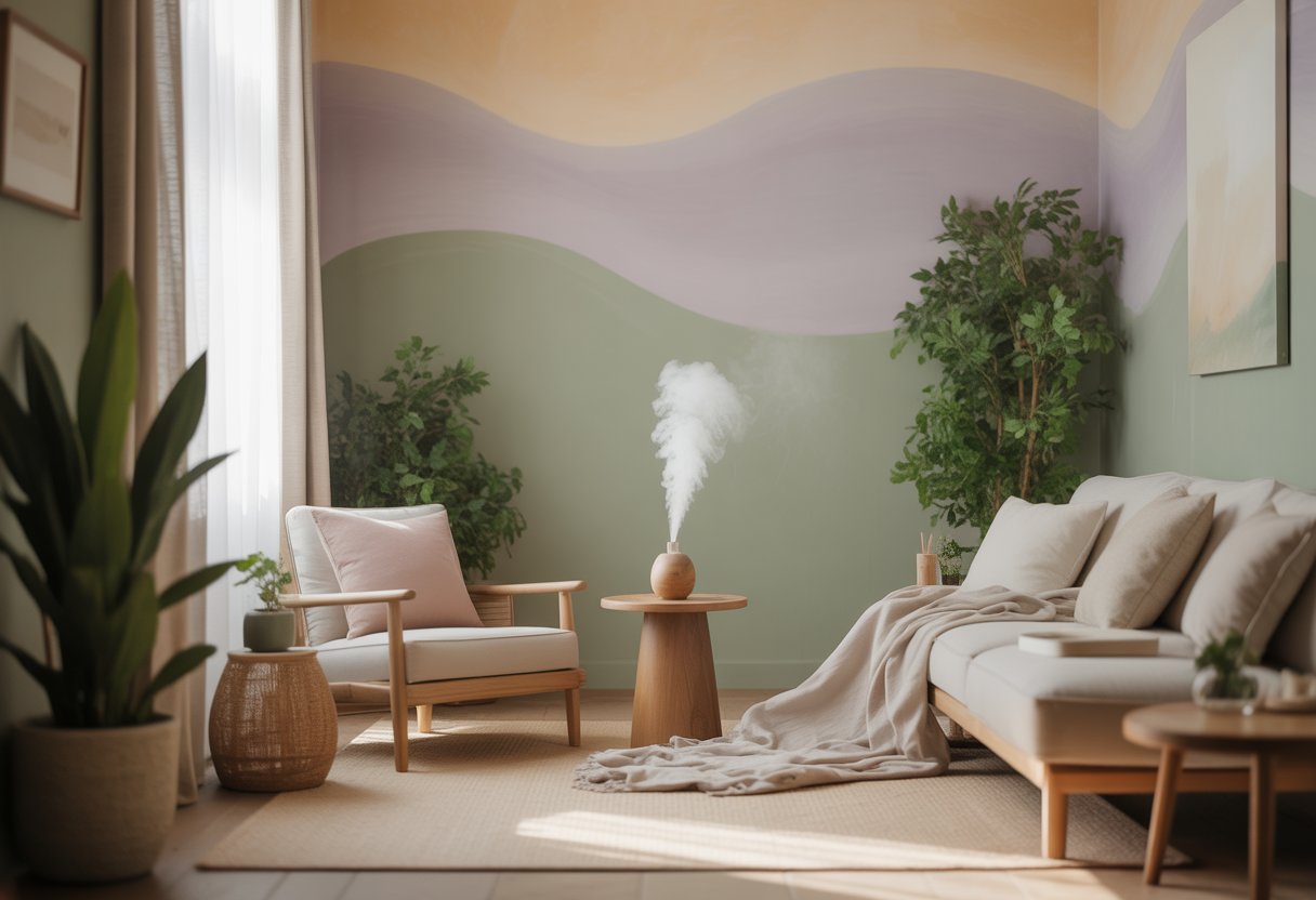 A peaceful healing room with soft green and beige walls, wooden furniture, plants, and natural light creating a calming atmosphere.