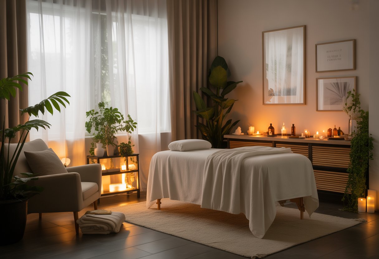 A peaceful healing room with a massage table, plants, candles, and soft natural light.