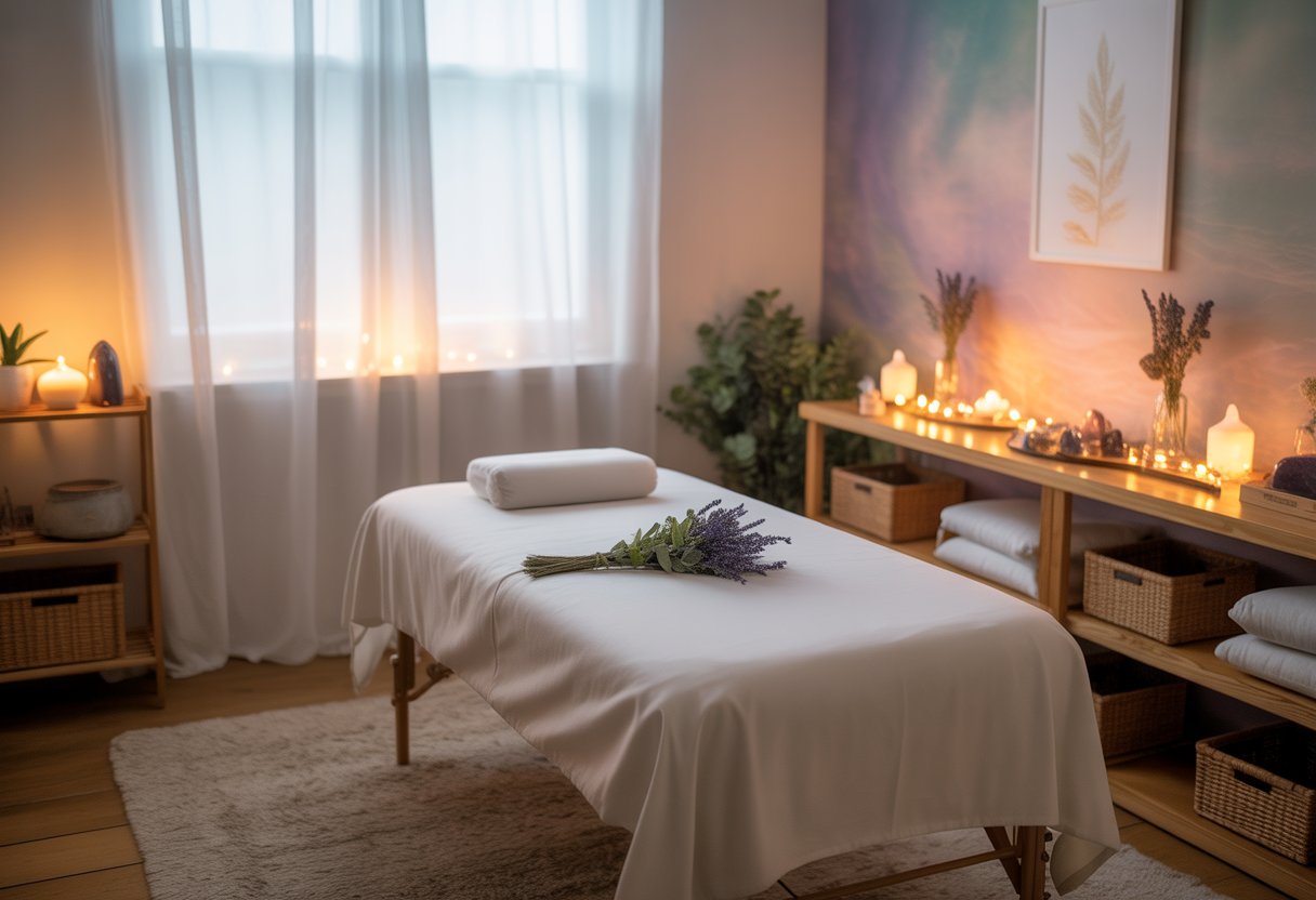 A peaceful healing room with a massage table, crystals, candles, plants, and soft natural light.