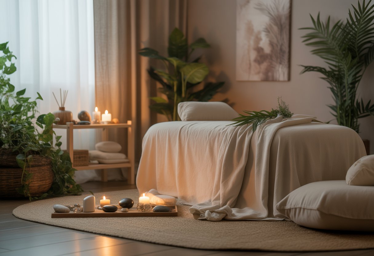 A calming healing room with a massage table, plants, candles, and natural decor creating a peaceful atmosphere.