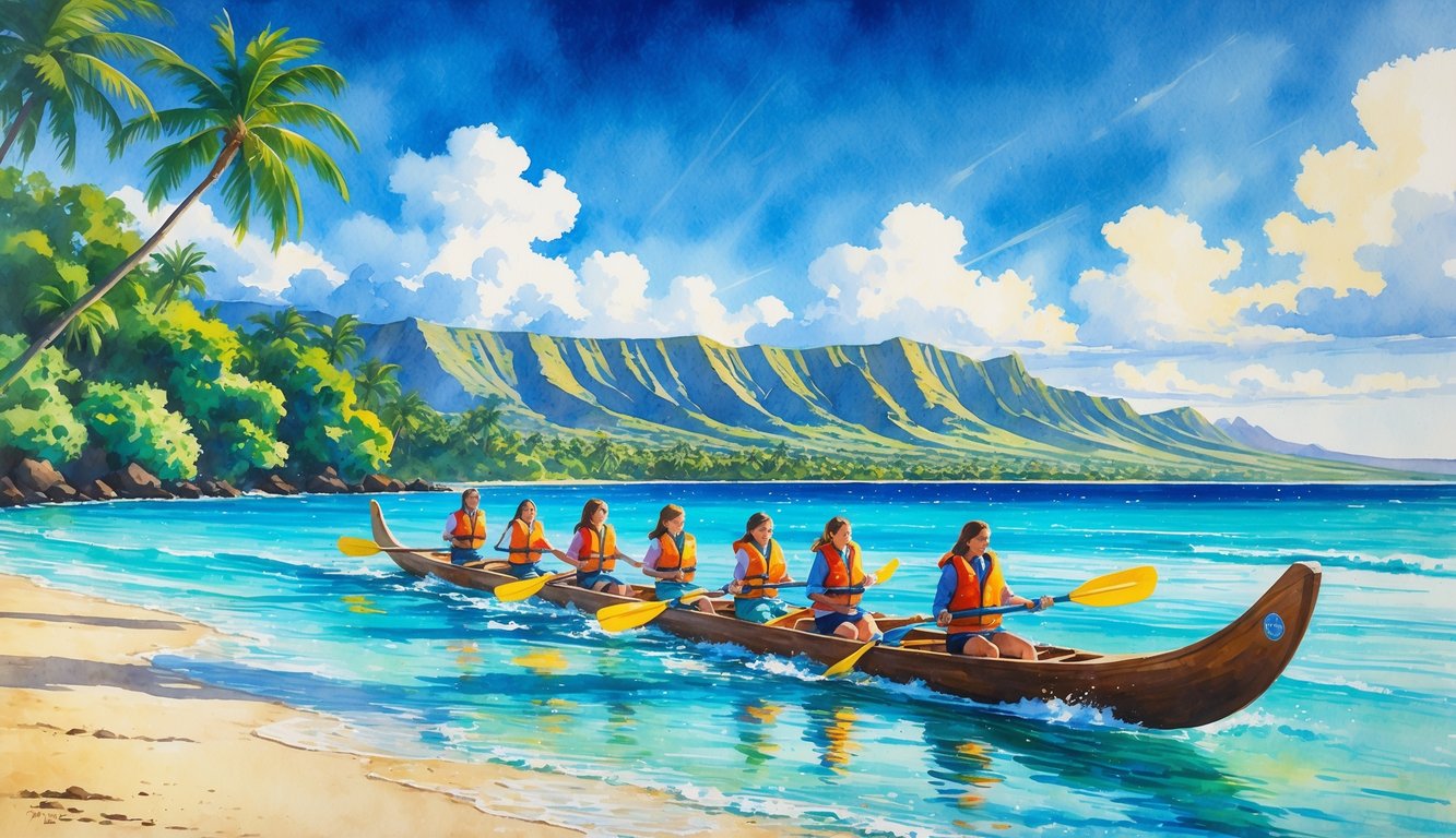 People paddling an outrigger canoe on clear blue water near a tropical beach with palm trees and mountains in the background.