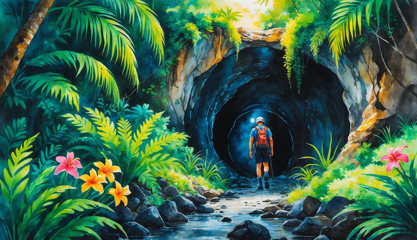 A person wearing caving gear enters a volcanic lava tube cave surrounded by tropical plants and sunlight filtering through a dense jungle.
