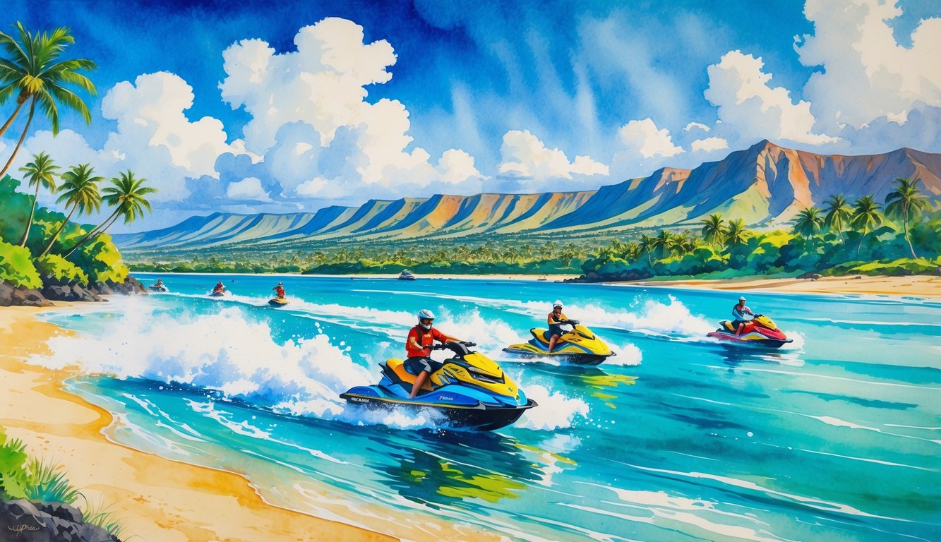 A coastal scene with jet skis riding on clear blue water near a tropical beach with palm trees and mountains in the background.