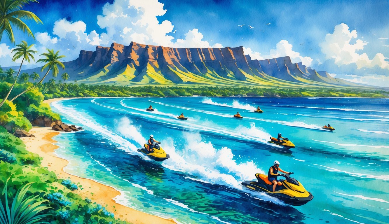 A coastal scene showing jet skis riding on clear blue ocean water near a tropical island with mountains and palm trees.