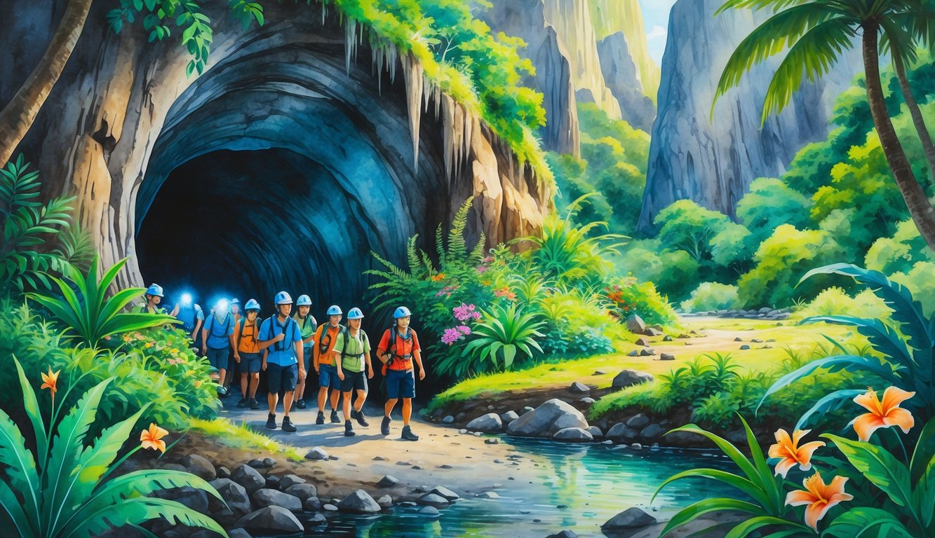 People exploring the entrance of a large cave surrounded by tropical plants and volcanic rocks in a lush Hawaiian landscape.