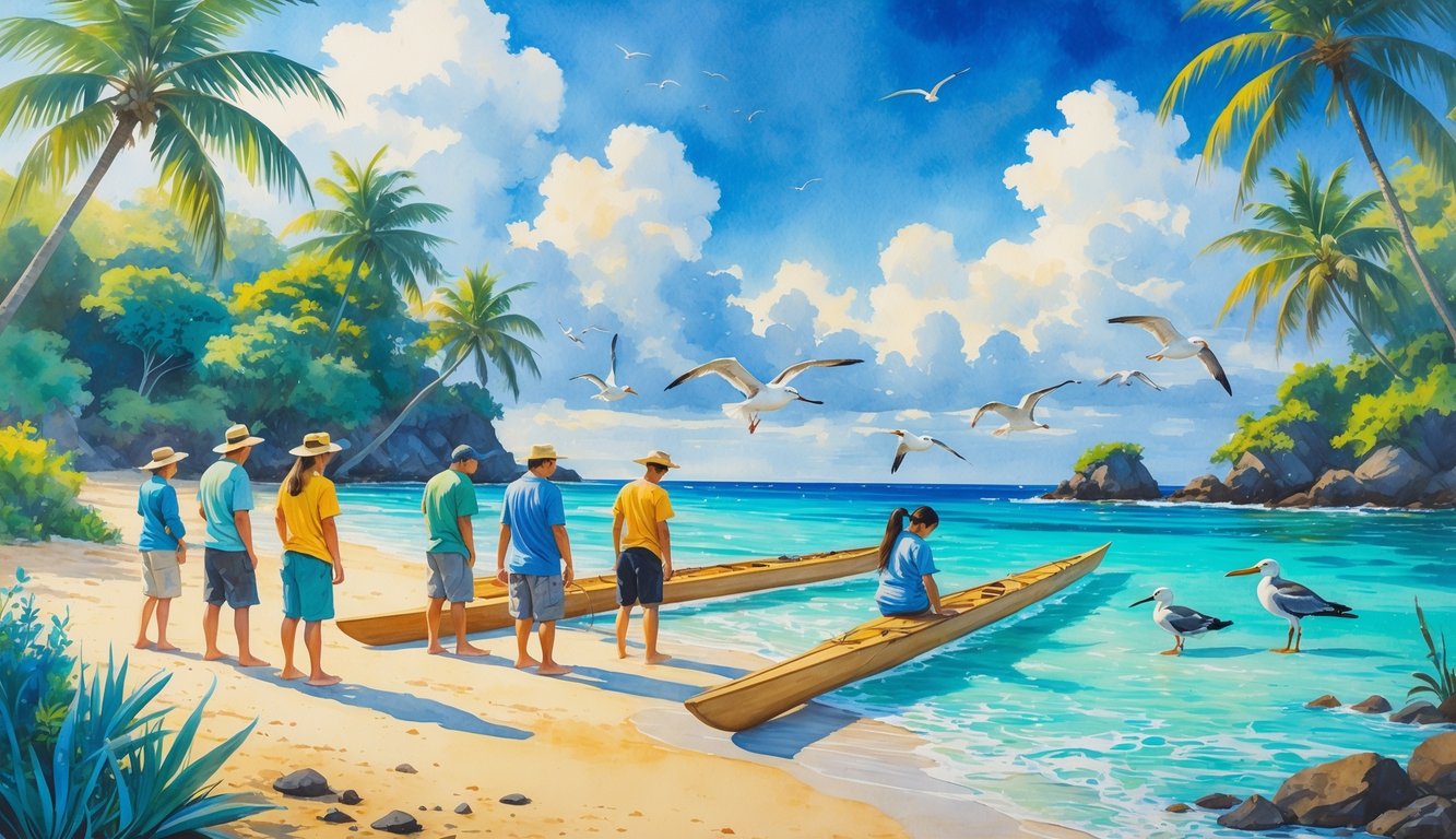 People preparing an outrigger canoe on a Hawaiian beach surrounded by tropical plants and native birds near clear blue water.