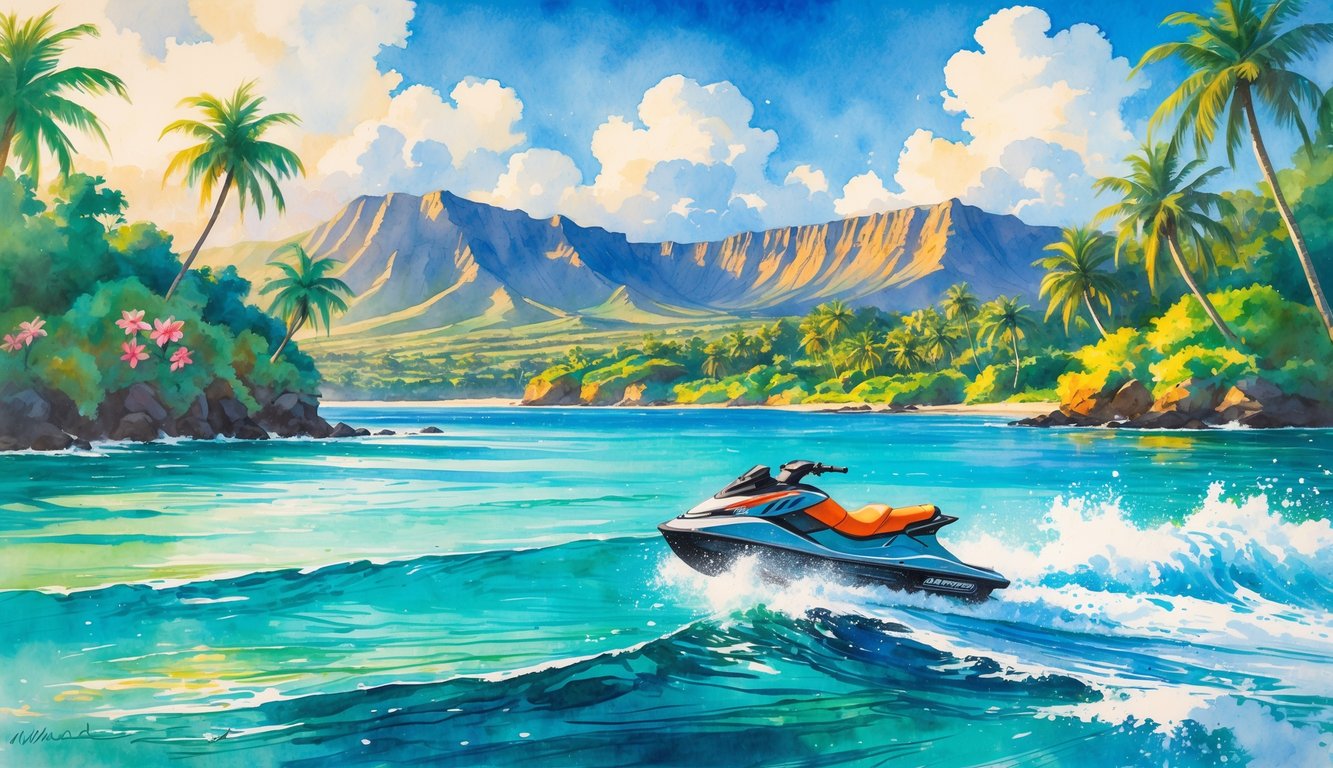 A coastal scene with turquoise water, a jet ski on the water, palm trees, tropical flowers, and mountains under a blue sky.