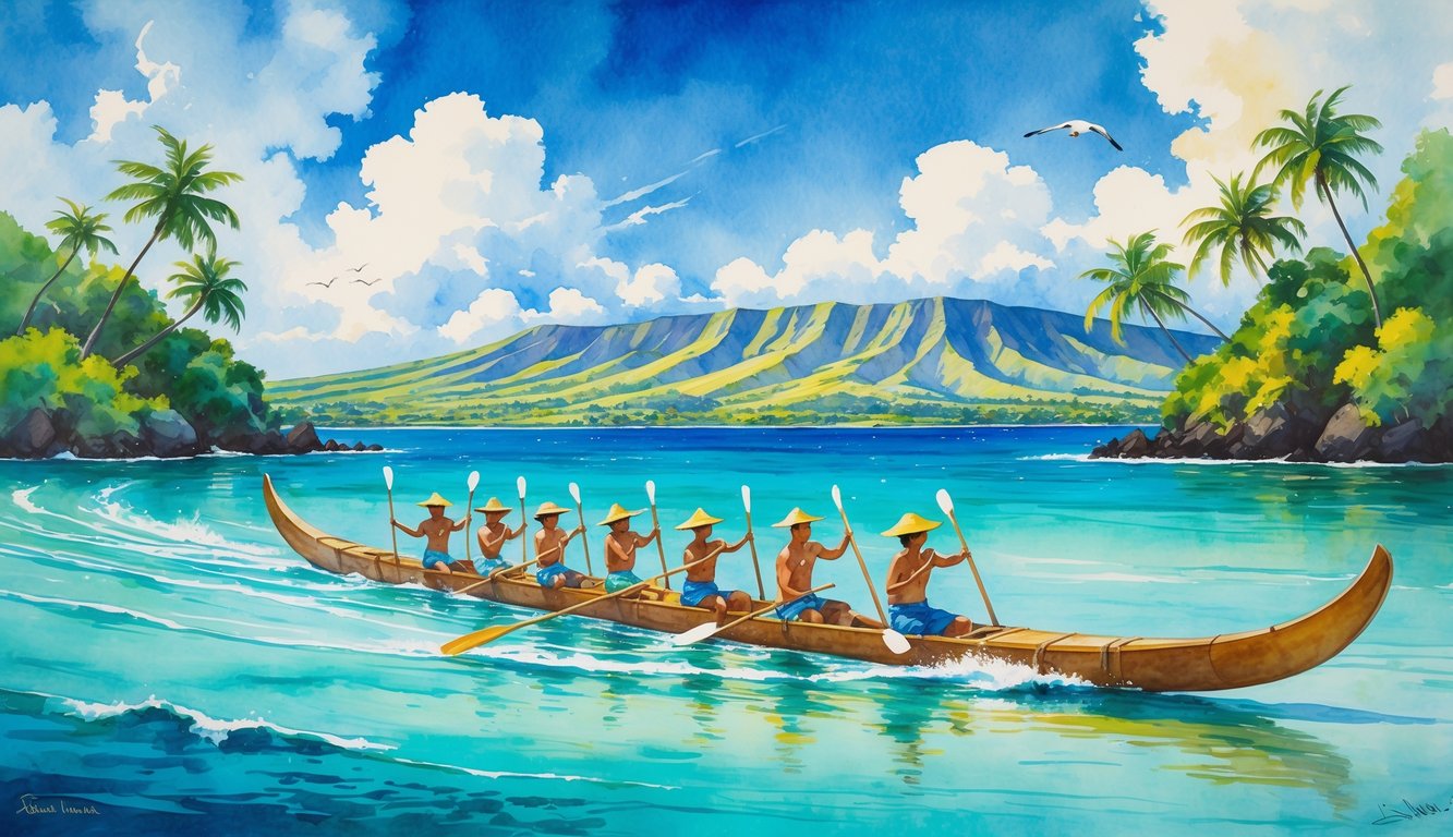 A group of people paddling an outrigger canoe on calm turquoise water near a tropical Hawaiian coast with palm trees and mountains in the background.